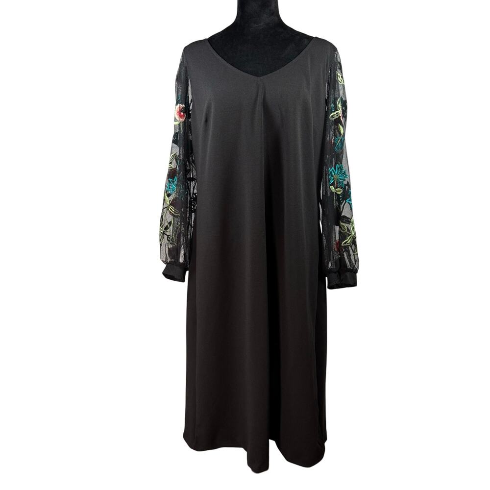 Zapelle Women's 1X-18W Black Midi Dress Sheer Sleeves Floral Embroidered